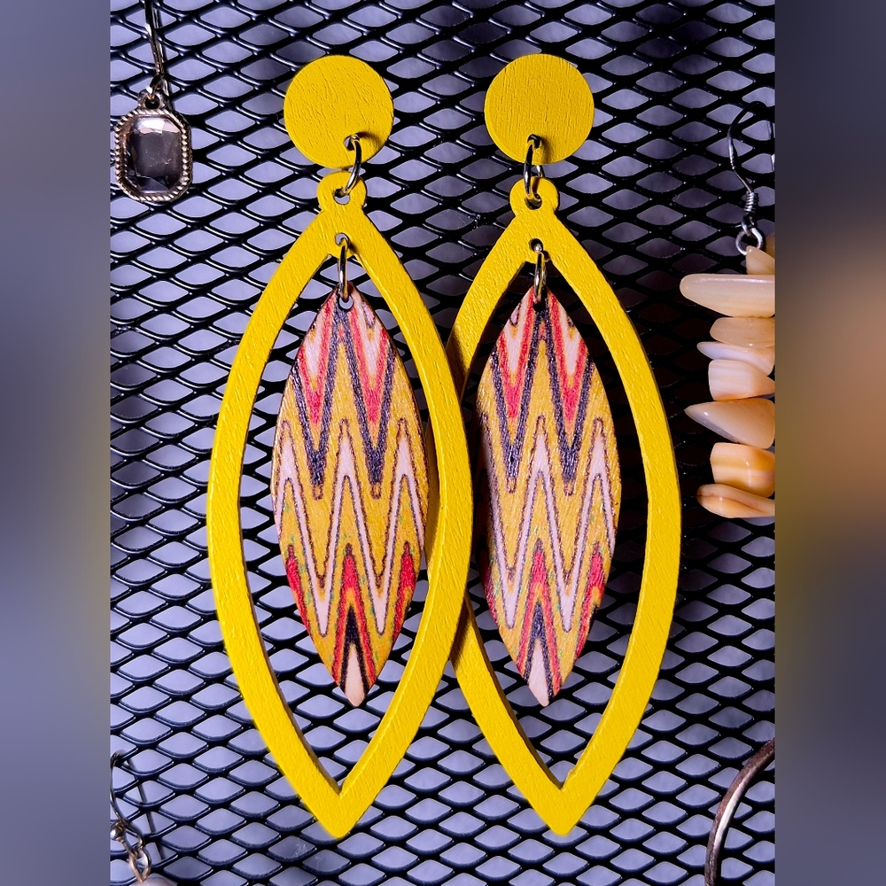 Yellow Chevron Wood Drop Earrings - Women Jewelry